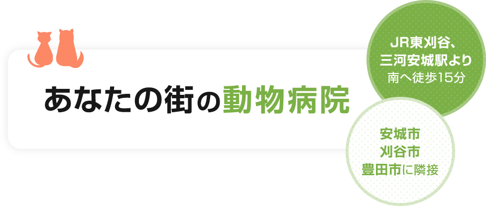 あなたの街の動物病院。JR東刈谷、三河安城駅より南へ徒歩15分。安城市、刈谷市豊田市に隣接。